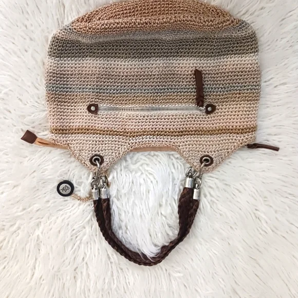 The SAK Leather & Crochet Braided Handle Hand Bag Cream Tan - Picture 10 of 16